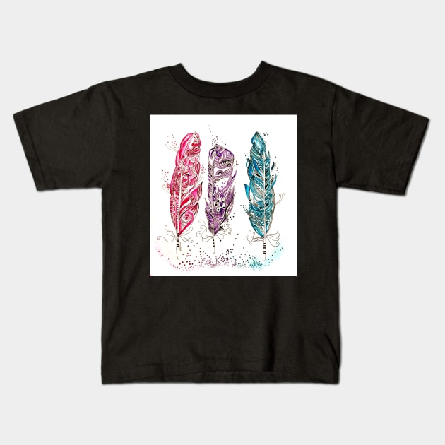 Colourful Illustrated Feathers Kids T-Shirt by JessKingArtist